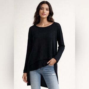REBECCA MOSES Top Womens L Black High Low Knit Tunic Long Sleeve Minimalist